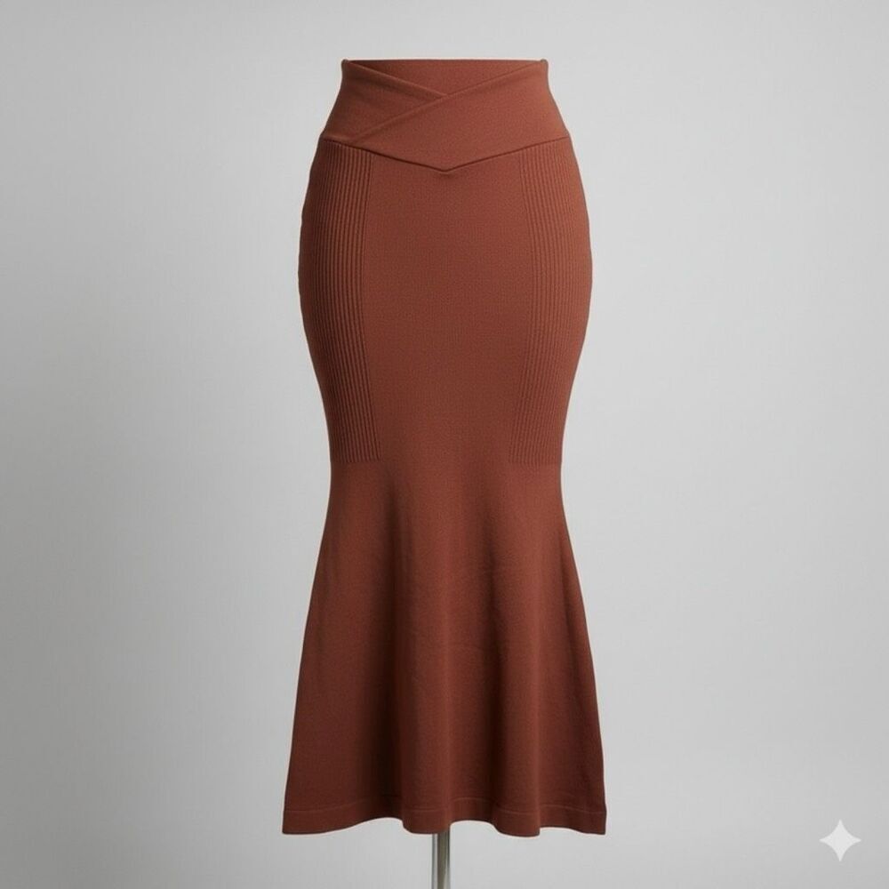 Halara Mocha Brown High Waist Ribbed Panel Mermaid Midi Skirt Stretch Size M NWT